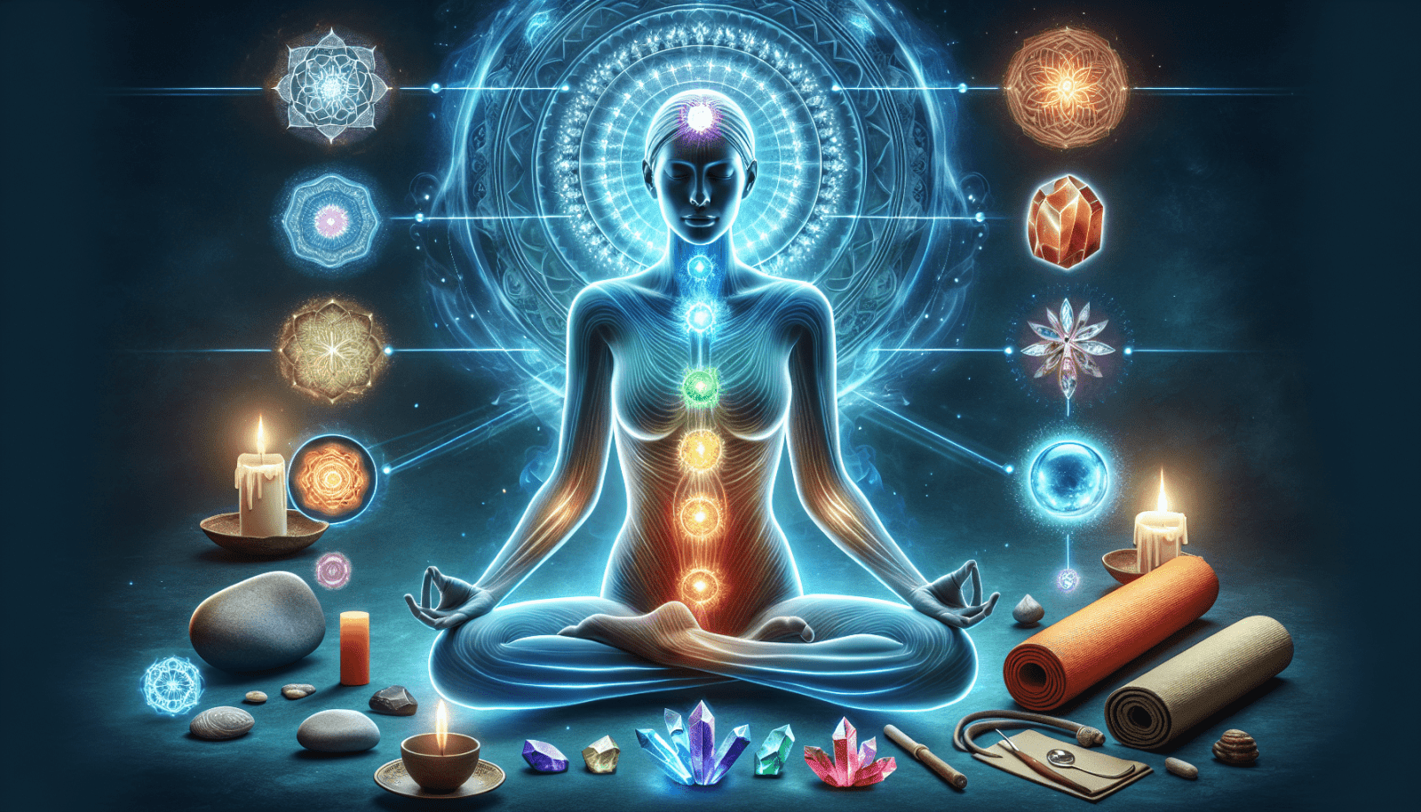 Digital artwork of a meditating figure with seven colored chakra points aligned vertically along the body, surrounded by mystical symbols, crystals, candles, and yoga equipment against a cosmic backdrop.