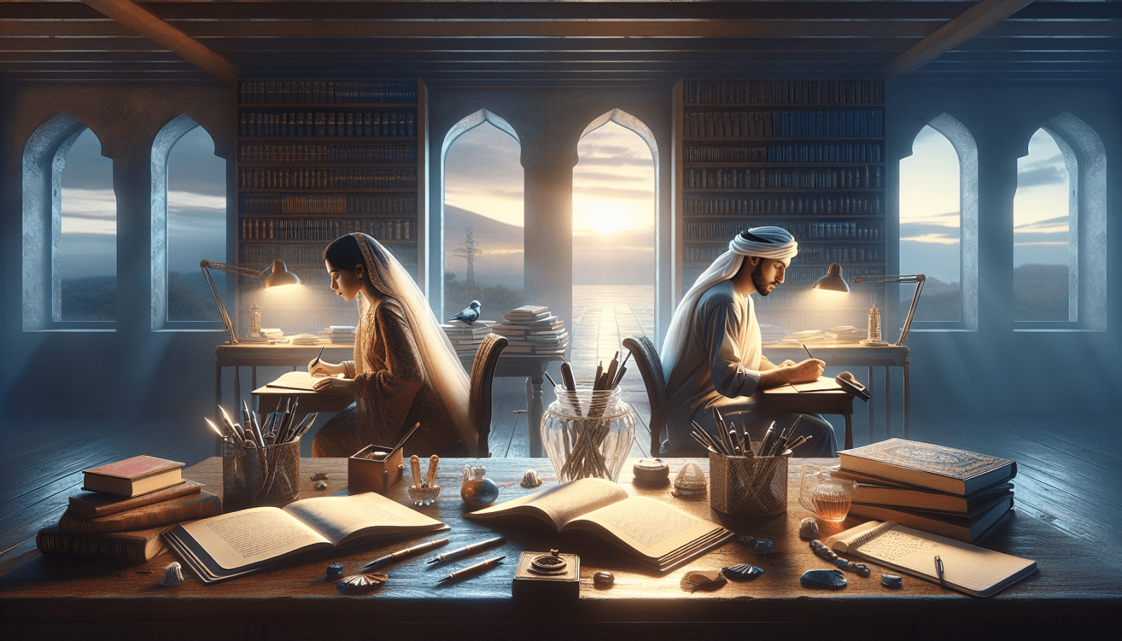 A man and a woman dressed in traditional Middle Eastern attire are studying at desks in a grand library with arched windows overlooking a sunset landscape. The room is filled with books, writing instruments, and lit lamps, creating an atmosphere of scholarly focus.