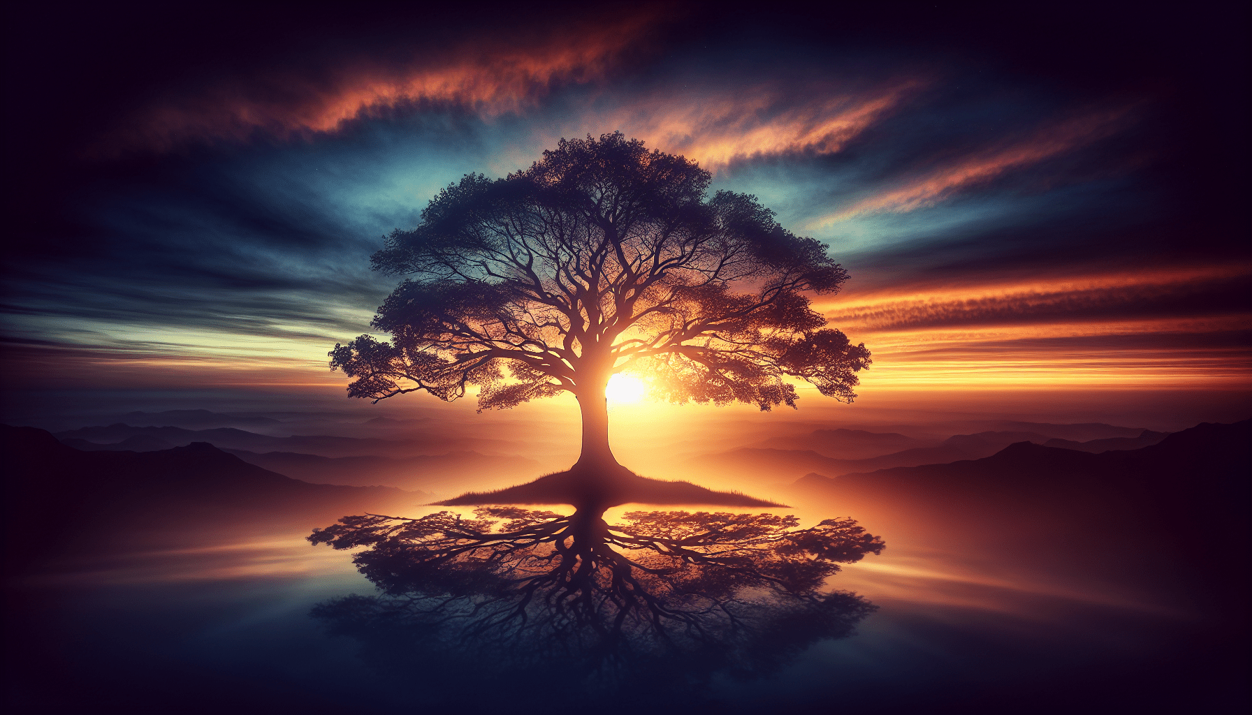 A majestic tree silhouetted against a vibrant sunset, with the sun positioned directly behind the tree, casting a reflection over a tranquil body of water, set against a backdrop of distant mountains and dramatic clouds.
