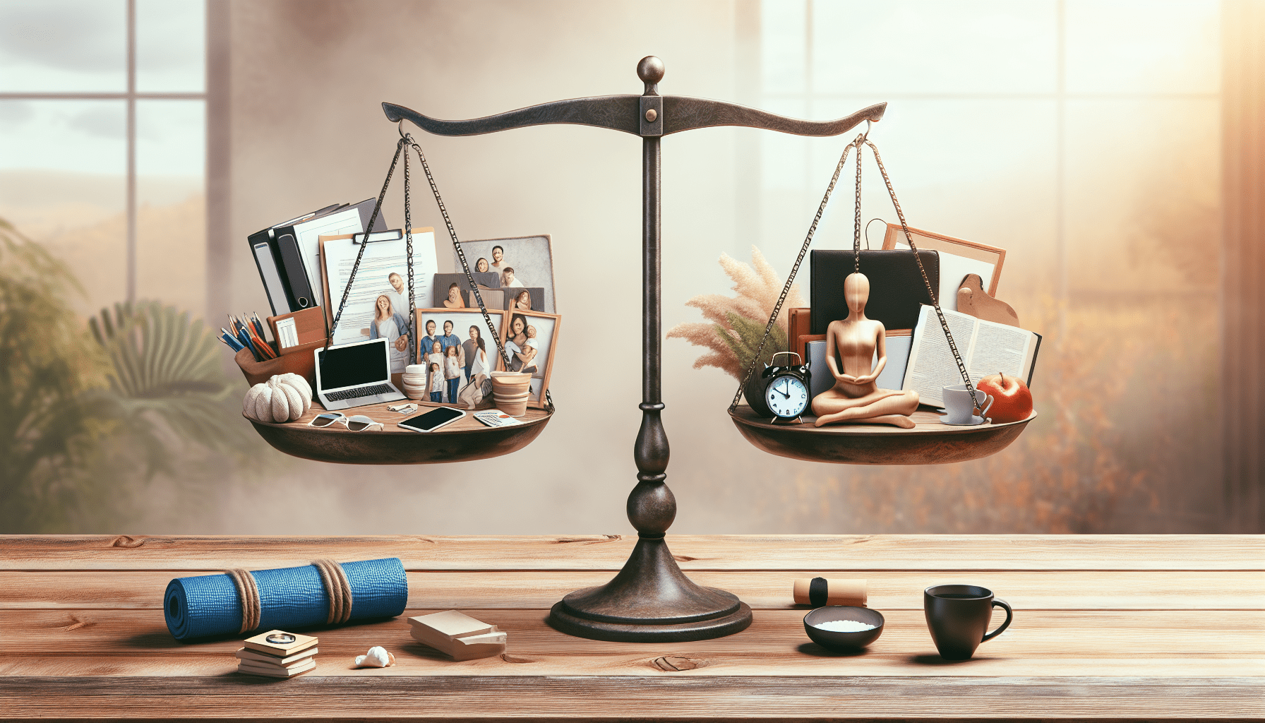 A symbolic scale balancing two pans with contrasting themes: one pan holds items and images representing family and technology, while the other contains objects and images related to personal development and relaxation. The scene is set against a warm, sunlit background with a window overlooking a blurred landscape.