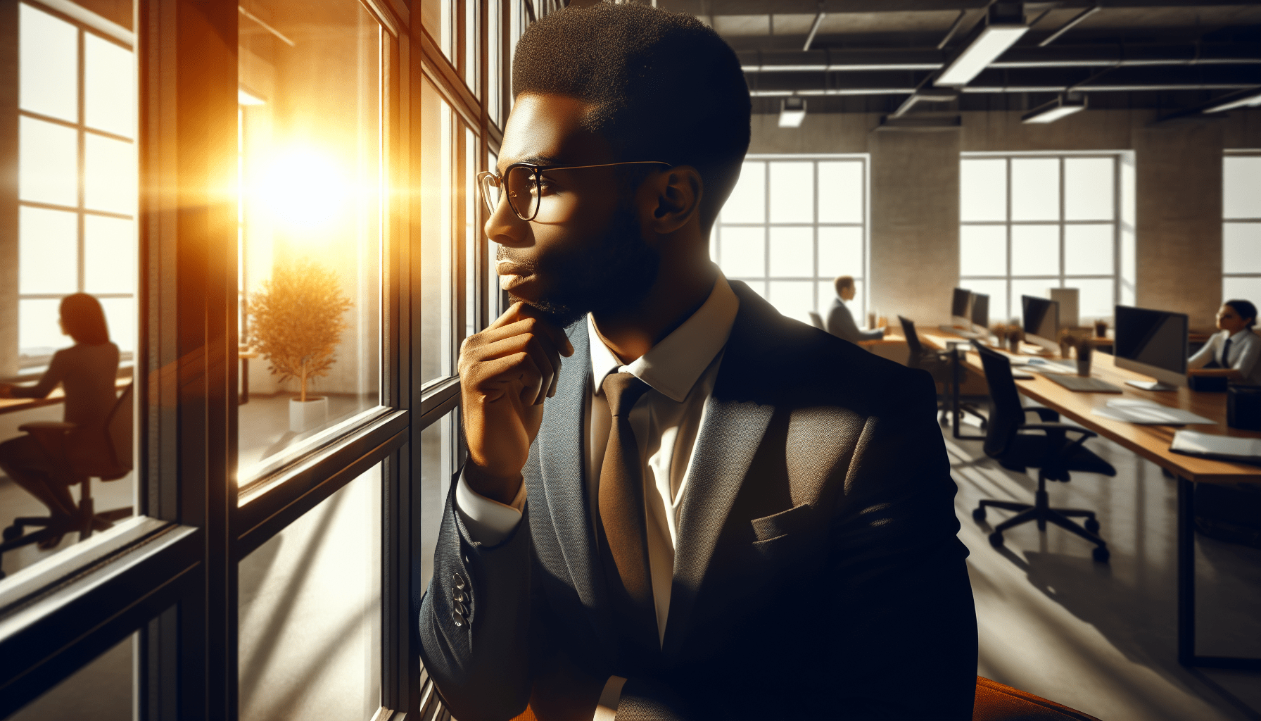 Man in suit with glasses looking contemplatively out a sunlit office window while others work in background.