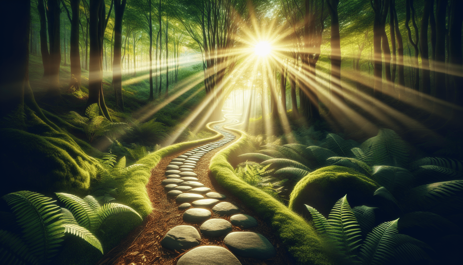 Sunrays streaming through a lush forest onto a winding stone path surrounded by vibrant green ferns and moss-covered terrain.