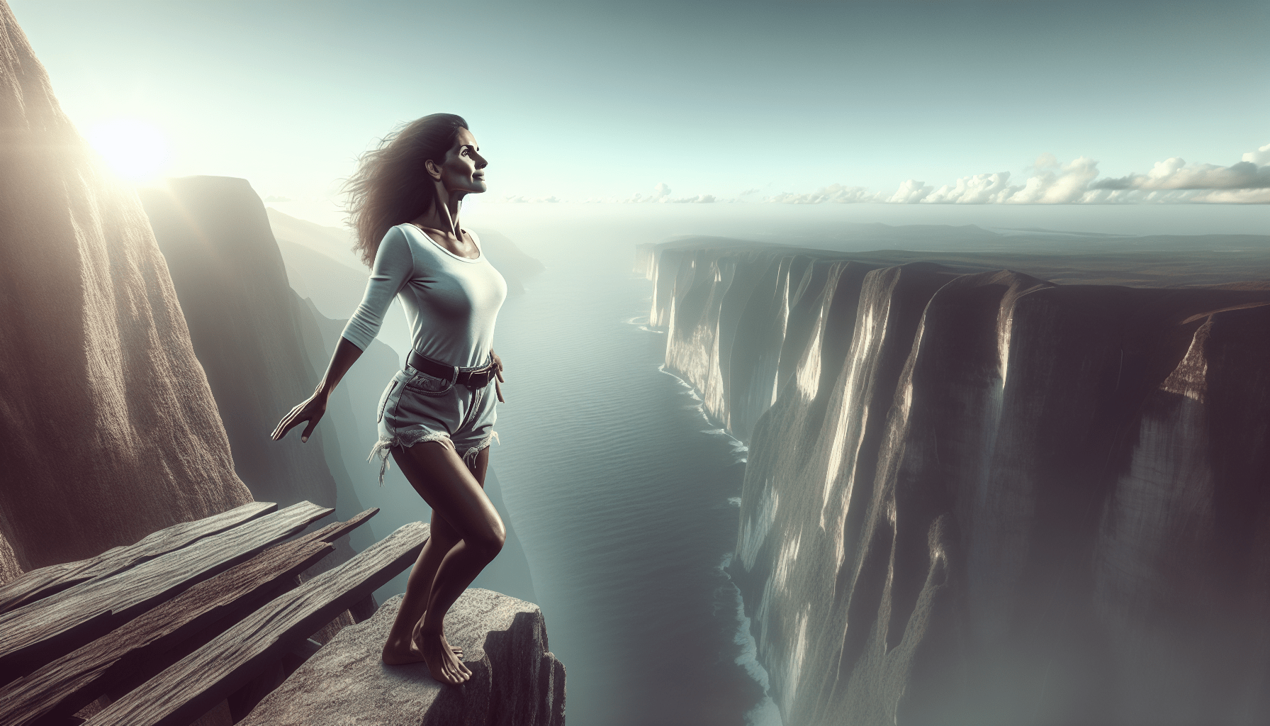 Woman standing on a cliff edge overlooking a vast canyon during sunset, feeling the breeze as she enjoys the view.