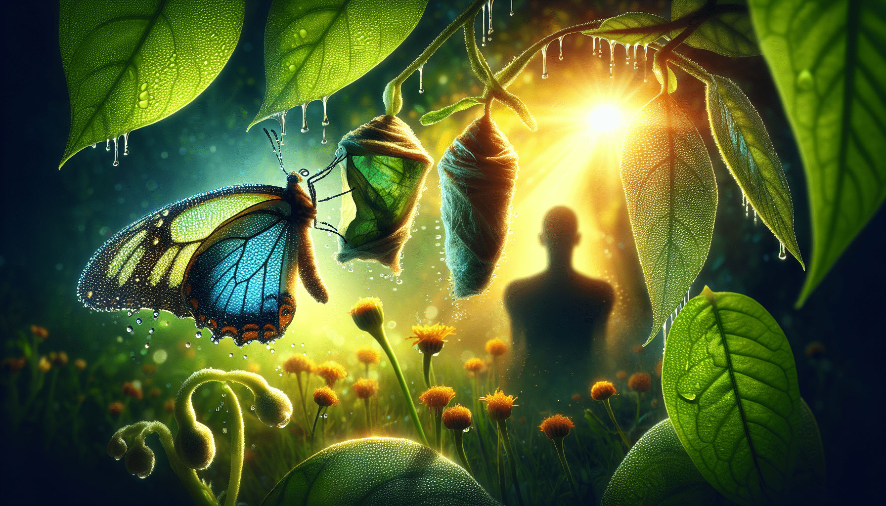 A vibrant digital artwork depicting a butterfly and two chrysalises hanging from dewy, sunlit leaves, with a silhouette of a human meditating peacefully in the background.