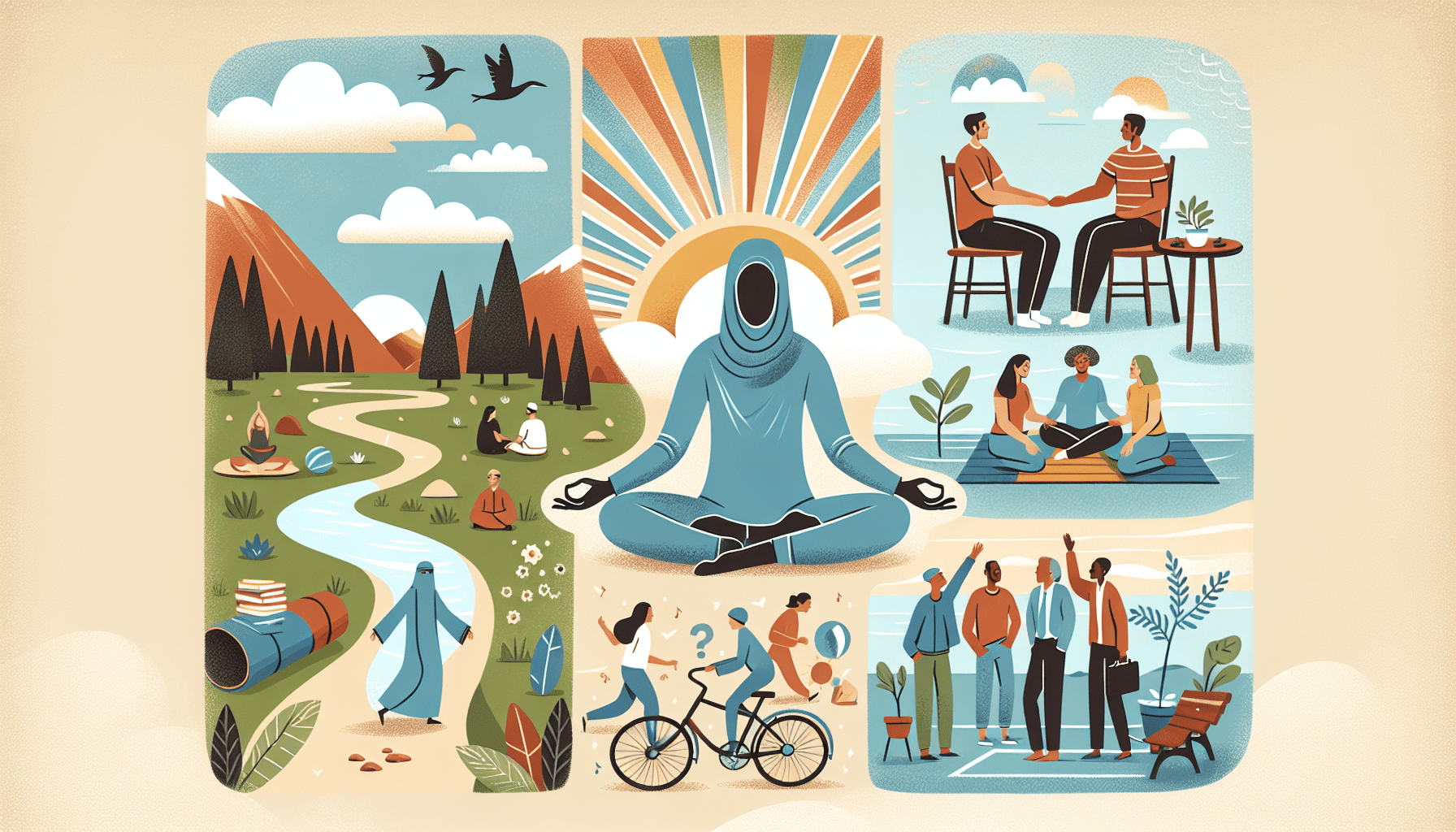 Illustrative image featuring various scenes of people engaging in different wellness activities: meditating in natural landscapes, practicing yoga, holding hands in conversation, studying, biking, and interacting in urban settings, unified by themes of harmony and balance.