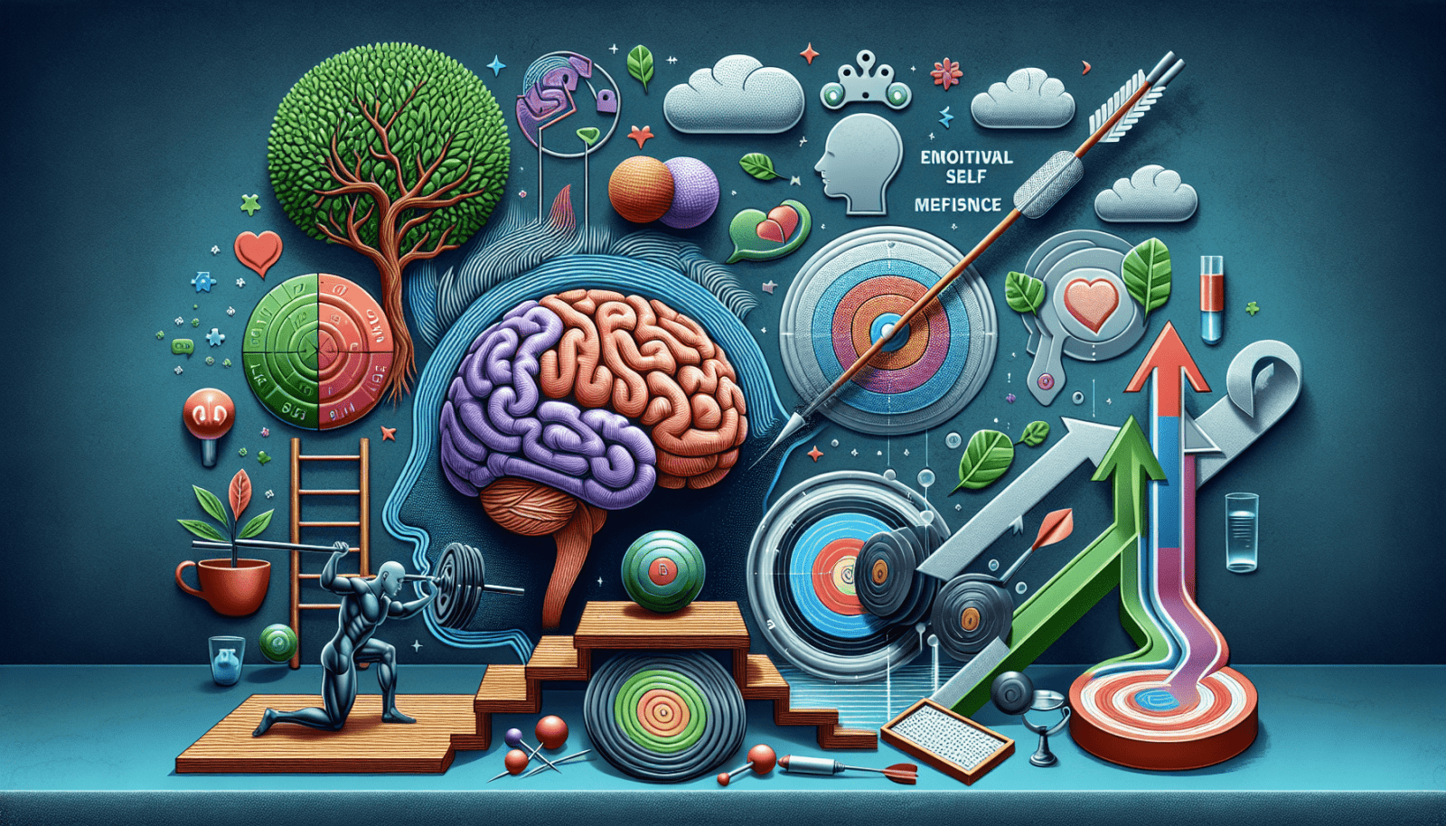 An intricate digital artwork conceptualizing brain function and mental growth, featuring a large, colorful brain in the center with various symbolic elements such as trees, gears, a ladder, and abstract representations of creativity, growth, emotion, and self-improvement surrounding it.