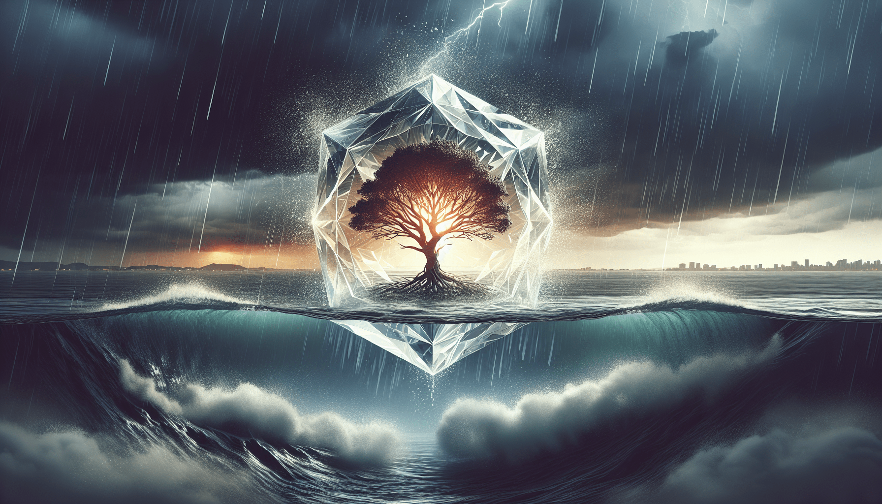 Digital artwork depicting a striking tree inside a transparent crystal octahedron, centered above a reflective water body under a stormy sky with lightning and heavy rain, with city skyline in the background.