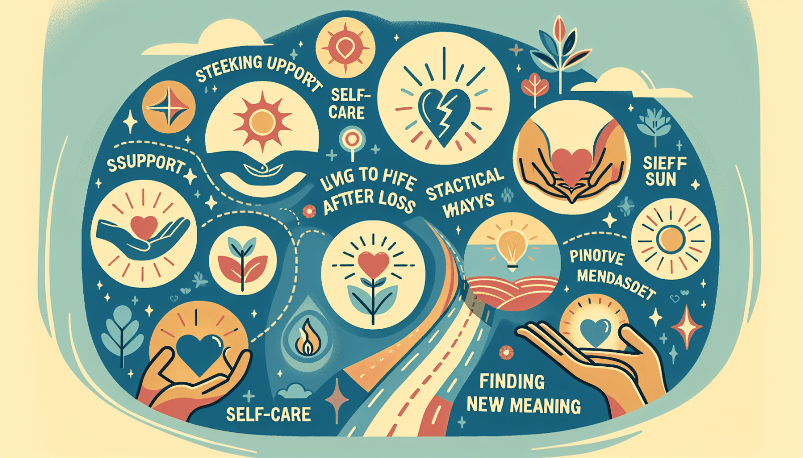 Infographic with a circular flow depicting self-care and coping strategies, with sections labeled "SUPPORT," "SELF-CARE," "LIVING TO LIFE AFTER LOSS," "TACTICAL WAYS," "FINDING NEW MEANING," along with related icons like a compass, heart, sun, and plants, set against a blue background. Some text is misspelled, such as "SIEFF SUN" and "PINOTVE MENDASOET."