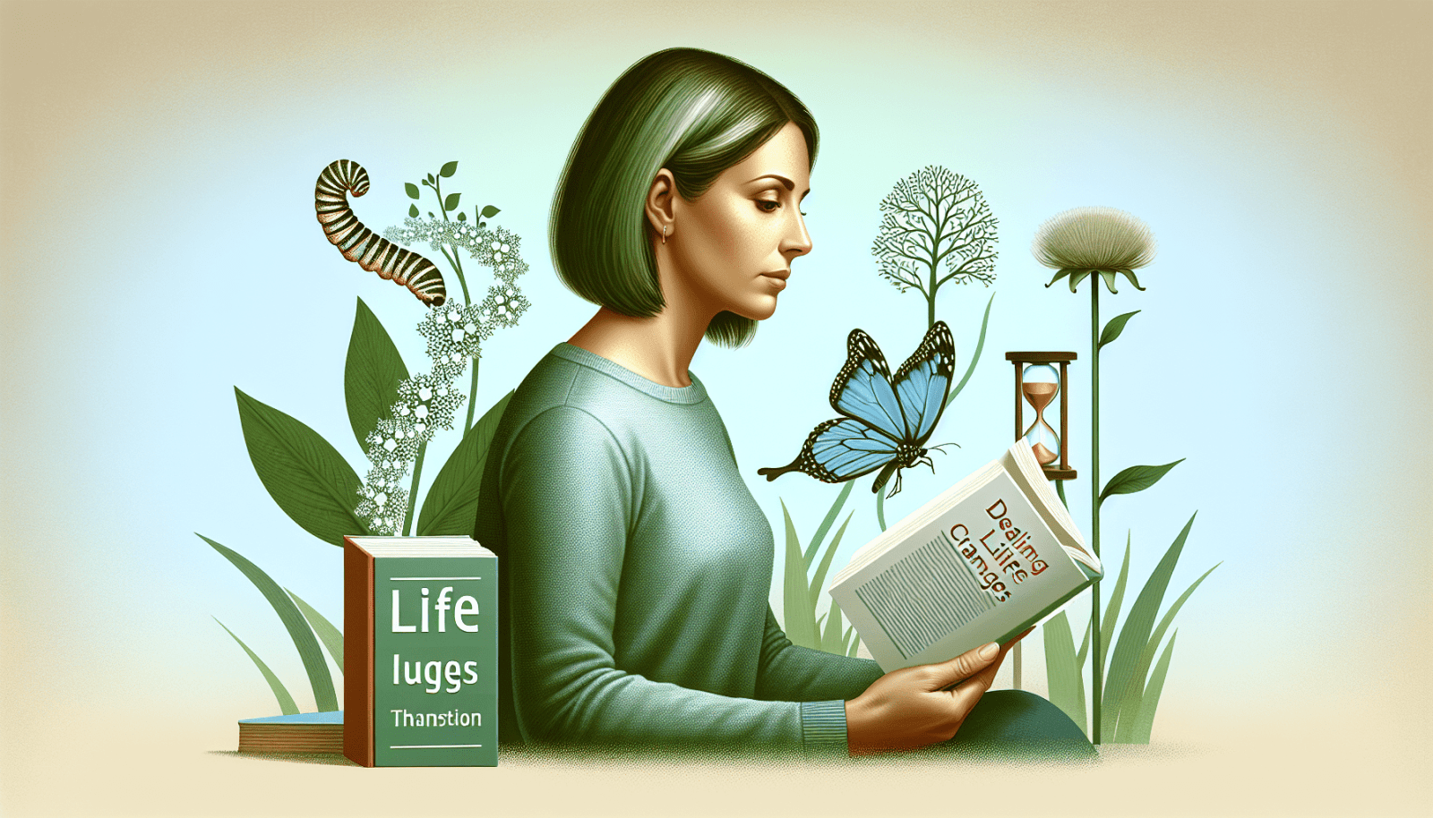 Illustration of a woman in profile reading a book titled "Dealing with Life Changes," with symbolic elements including a butterfly, a caterpillar on a flower, a dandelion clock, and a sand hourglass, and a second book with the title "Life lugges Thansition."