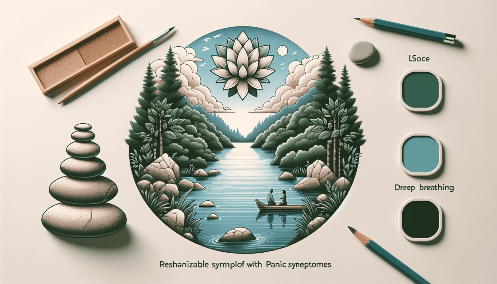 An illustration presenting a serene landscape with a central circular frame showing a lake, pine trees, a person meditating on a boat, and a lotus above, all stylized in muted greens and blues. Surrounding the circle are images of stacked stones, art supplies, and paint lids with labels like "LSoc" and "Dreep breathing," accompanied by a misspelling, "Reshanizable symplaf with Panic synpetomes."