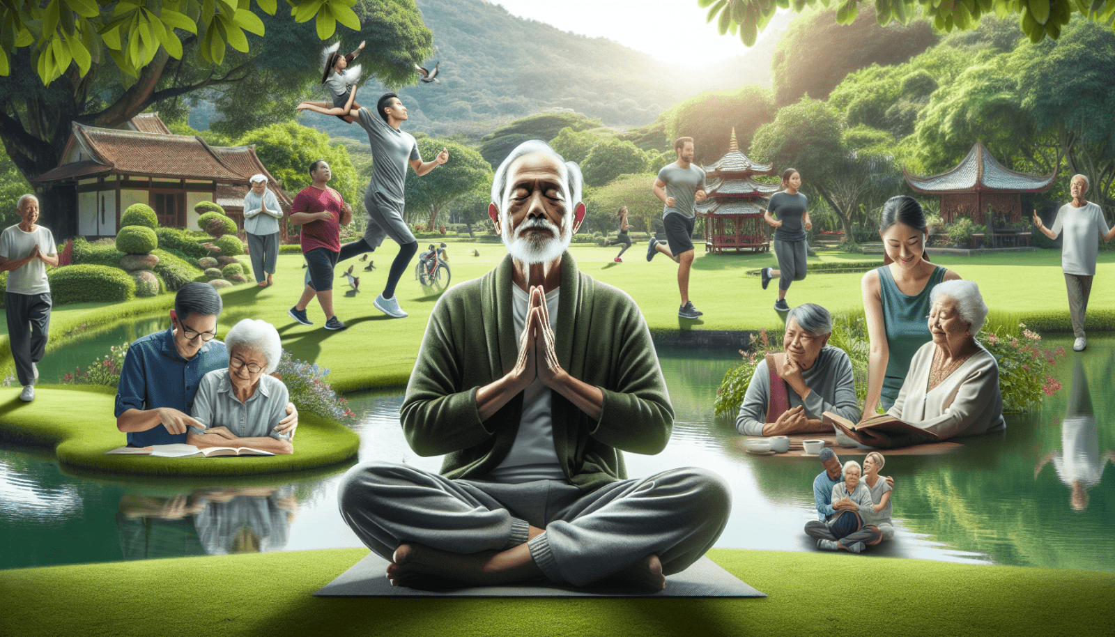 A serene scene in a lush green park with various activities: an elderly man in the foreground meditating, people practicing tai chi, a couple reading together, and individuals performing yoga and jogging, against a backdrop of traditional Asian architecture and mountains.