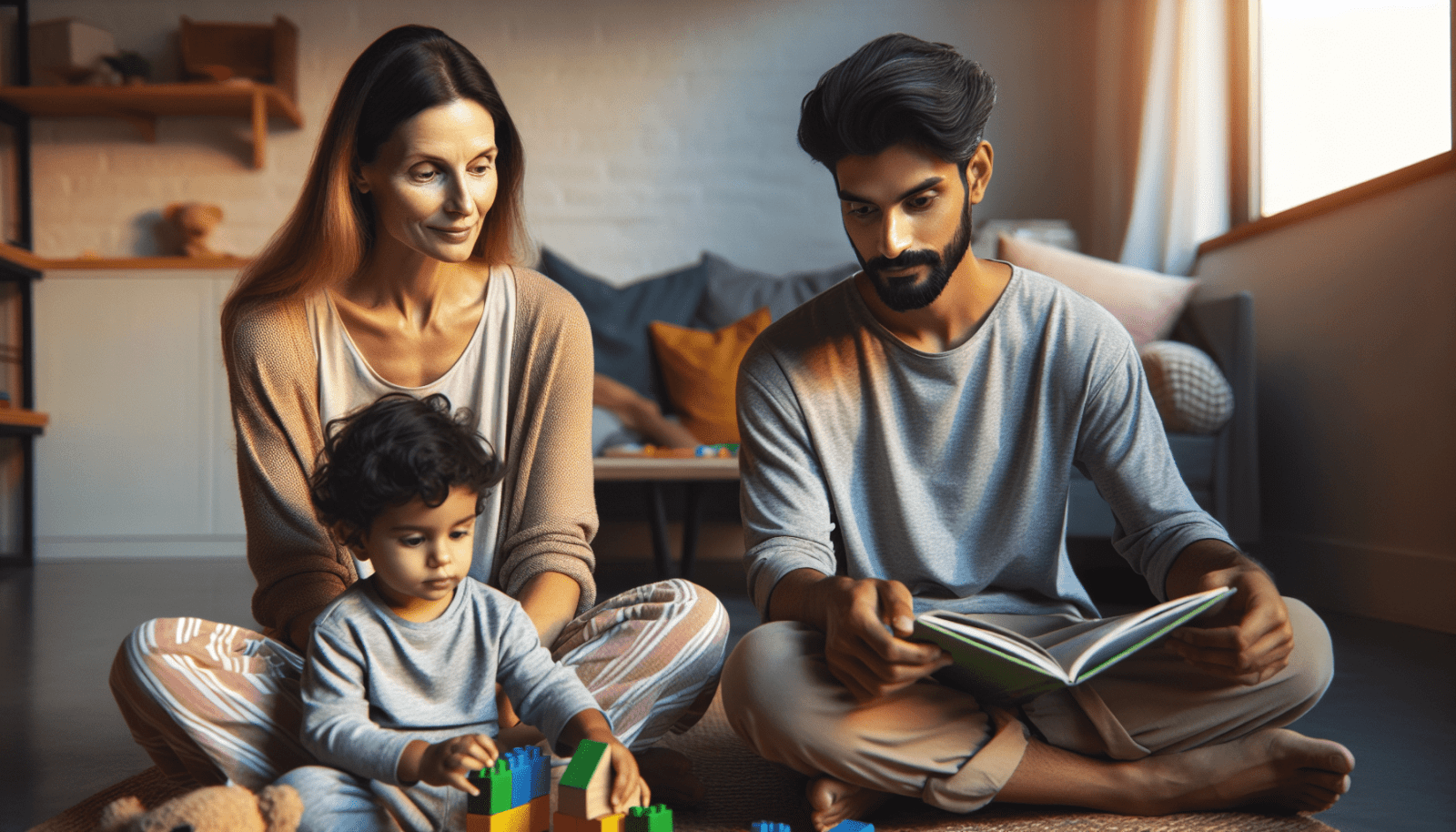 A young family spending time together at home, with a woman watching a toddler play with blocks and a man reading a book.