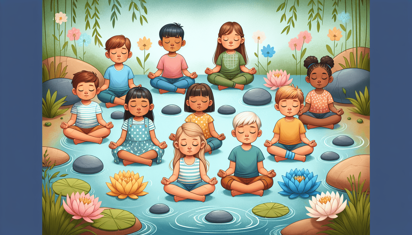 Illustration of eleven diverse children meditating peacefully on stones across a serene pond adorned with blooming lotus flowers and surrounded by lush greenery.