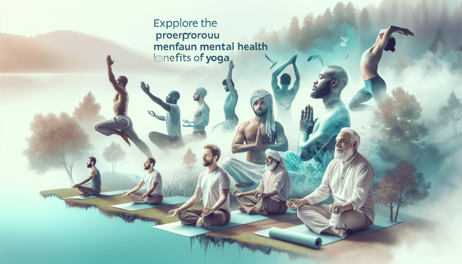 Artistic image depicting multiple people in various yoga poses superimposed over a misty, forested landscape, with the text "Explore the profound mental health benefits of yoga" featuring typographical errors.