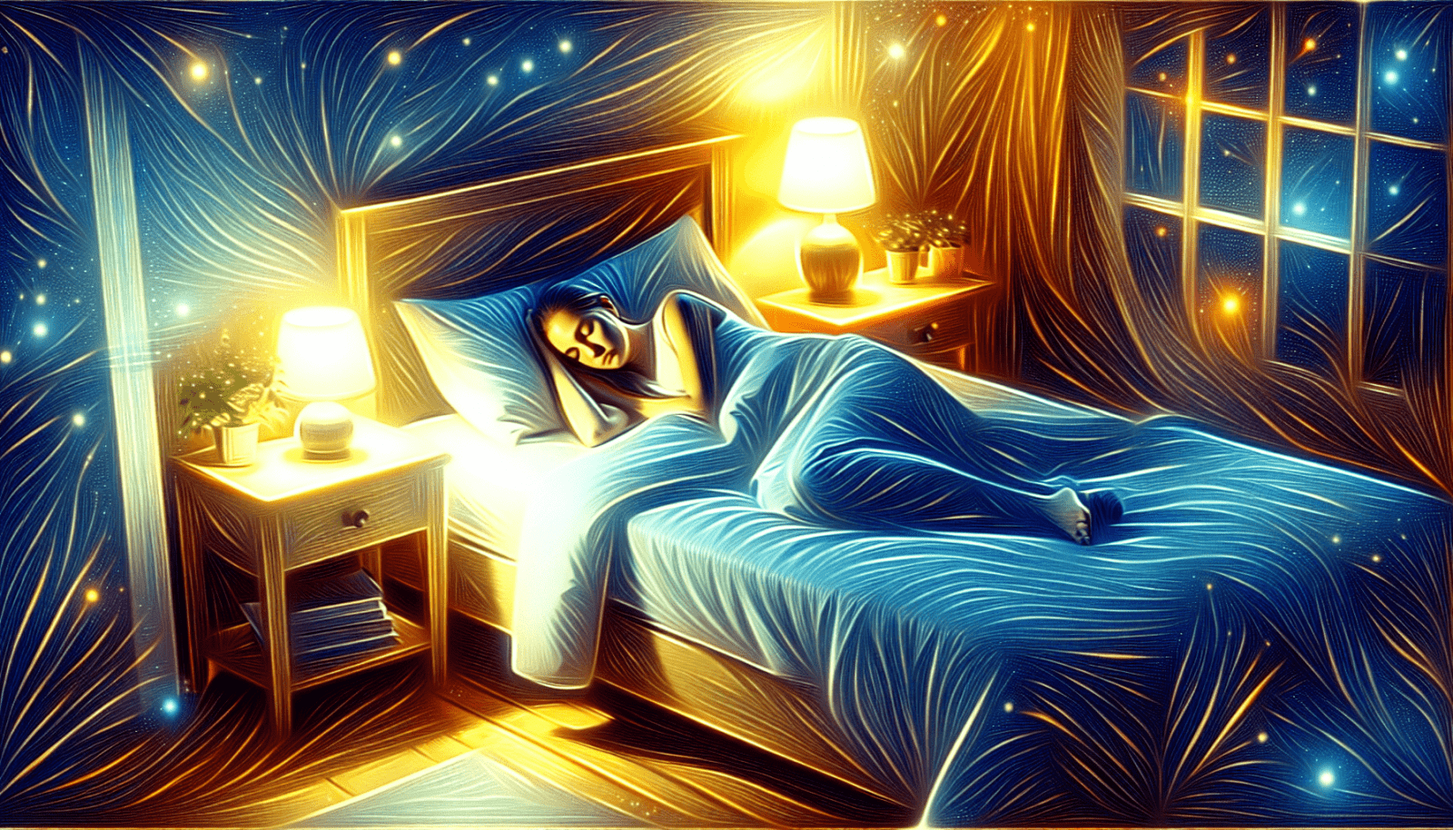 A digital art illustration depicting a woman asleep in a bed with blue covers, in a room lit by a bedside lamp, with the window showing a starry night sky, all in a swirling, Van Gogh-inspired style.