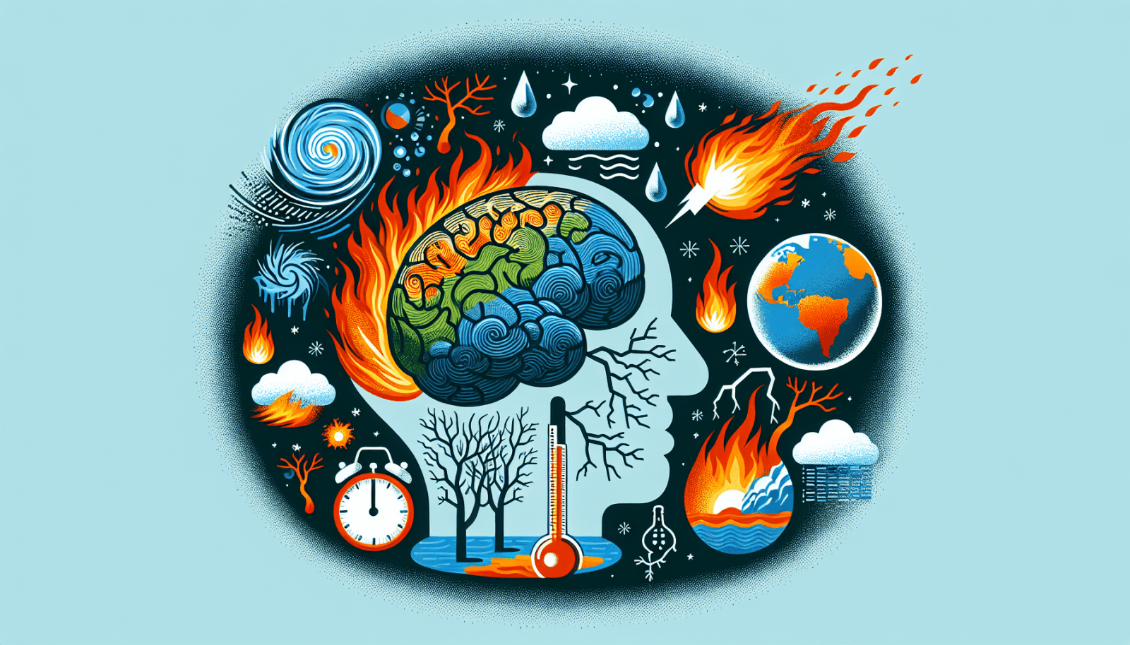 An illustration depicting various climate change elements arranged circularly around a central brain-shaped tree, with half flourishing and half barren, against a blue background. The elements include a tornado, water droplets, a snowflake, a healthy tree, a stopwatch, a thermometer with rising temperatures, fire, a cracked earth, and a globe with heat emissions.