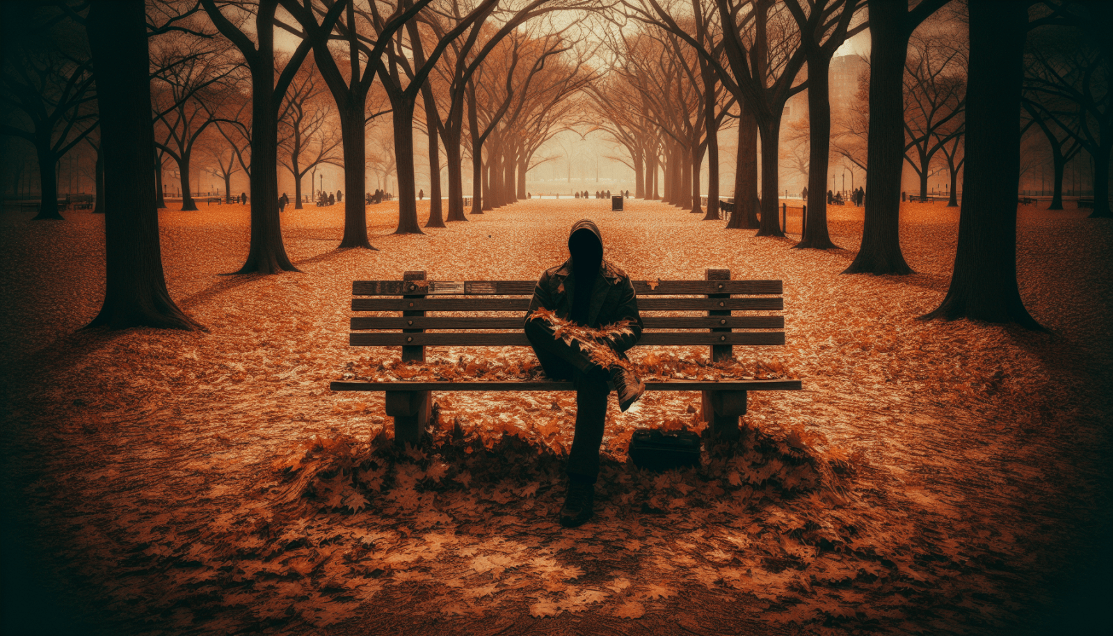 A person seated on a park bench amidst a setting of autumnal trees and fallen leaves, with a misty and serene backdrop.