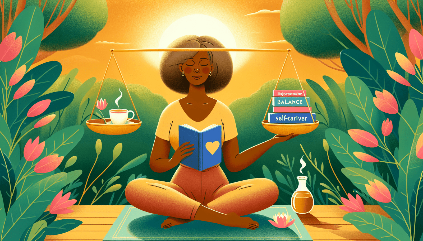 Illustration of a serene woman sitting cross-legged on a yoga mat, holding a book with a heart on the cover, and with a balanced scale above her head bearing words "procrastination" and "self-care." In a garden with lush foliage, a steaming cup of tea, and a bottle, with the backdrop of a setting or rising sun.
