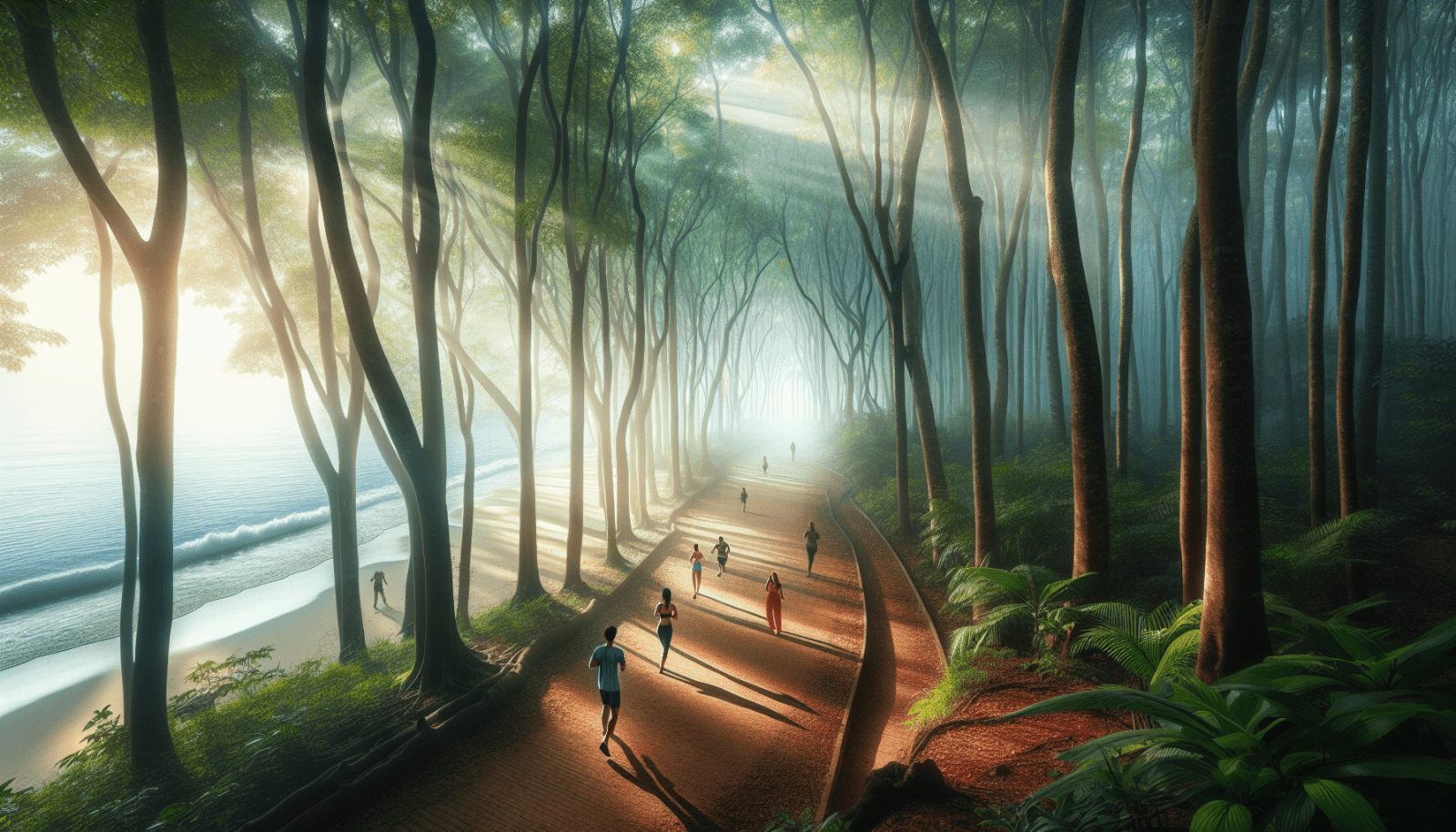People jogging and walking on a picturesque tree-lined path next to a beach, with sunlight filtering through the misty forest canopy.