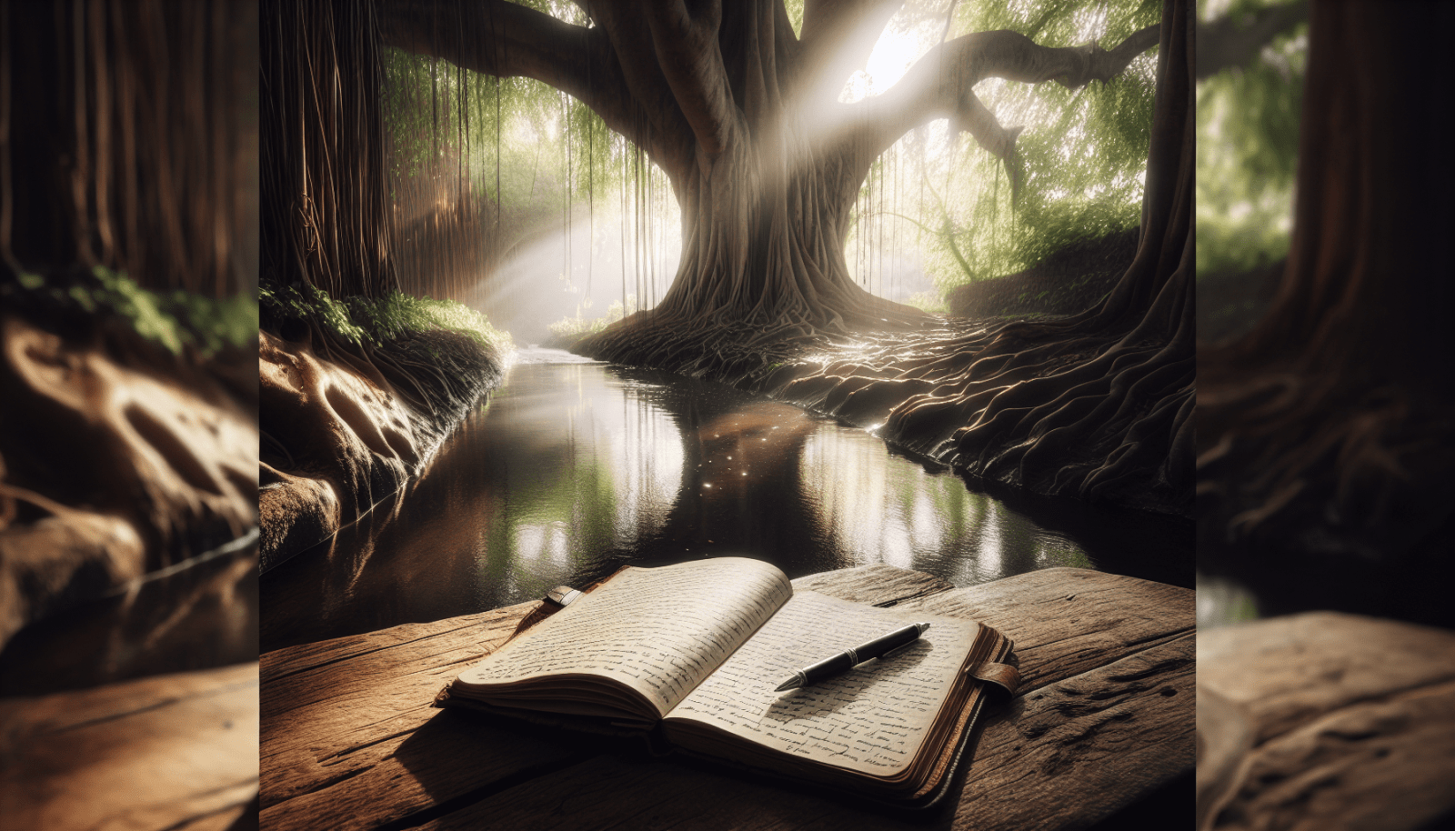 An open book with a pen on a wooden surface overlooking a mystical forest scene with a large tree, a reflective river, and sunrays filtering through the foliage.