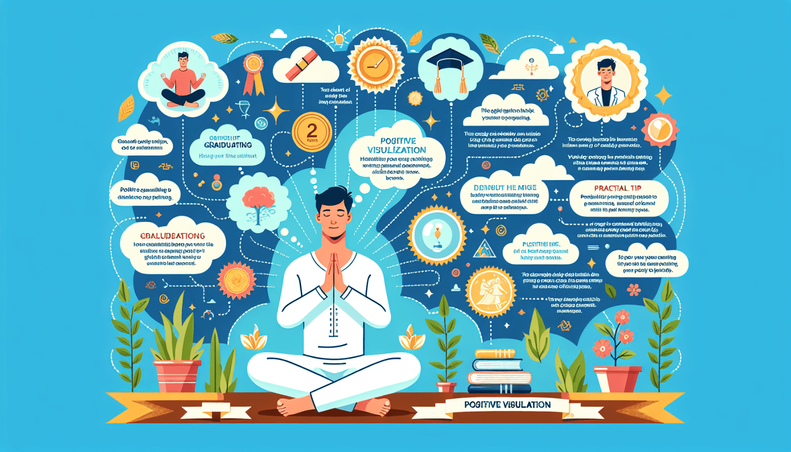 An illustration depicting a central male figure meditating surrounded by various infographic elements, icons, and thought bubbles related to mindfulness and positive visualization strategies, set against a blue background with decorative plants.