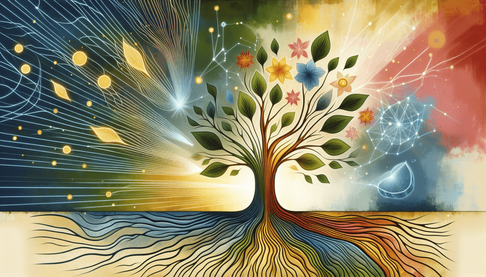 An artistic illustration of a vibrant tree with roots extending into the ground and branches splitting into various scientific and natural motifs, including flowers, leaves, celestial bodies, and abstract geometric shapes, set against a colorful background that transitions from dark to light, symbolizing the intersection of nature and science.