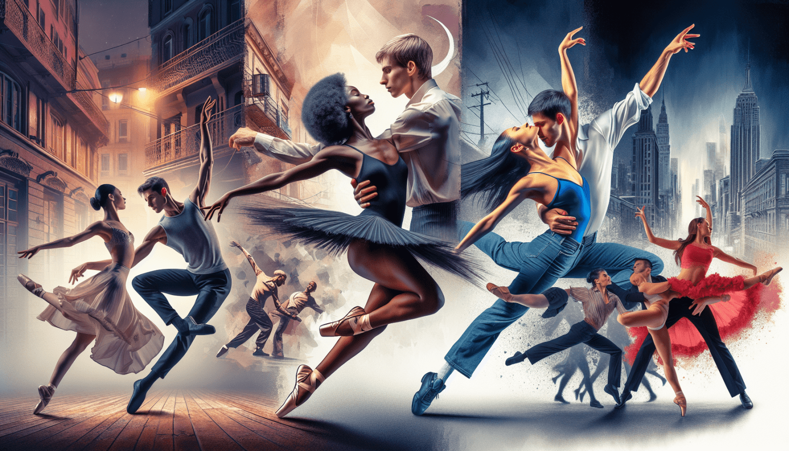 An artistic collage of various dance duos in dynamic poses, set against a backdrop of stylized cityscapes, merging classical ballet and modern dance elements.