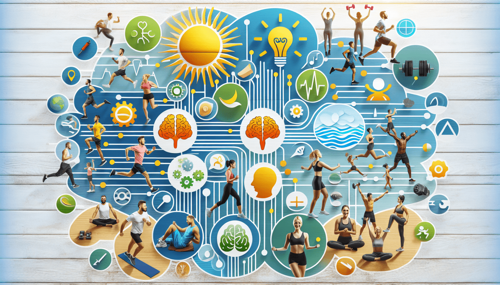 Illustration of diverse people engaging in various physical activities such as running, yoga, and weightlifting, integrated with icons representing health and wellness concepts like nutrition, hydration, mental health, and fitness, all overlaying a stylized circuit board pattern on a wooden background.