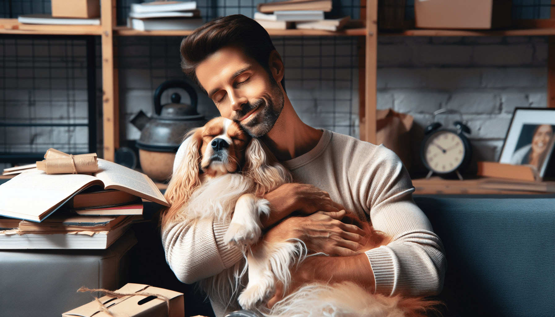 Man with a beard affectionately hugging a Cavalier King Charles Spaniel in a cozy room filled with books.