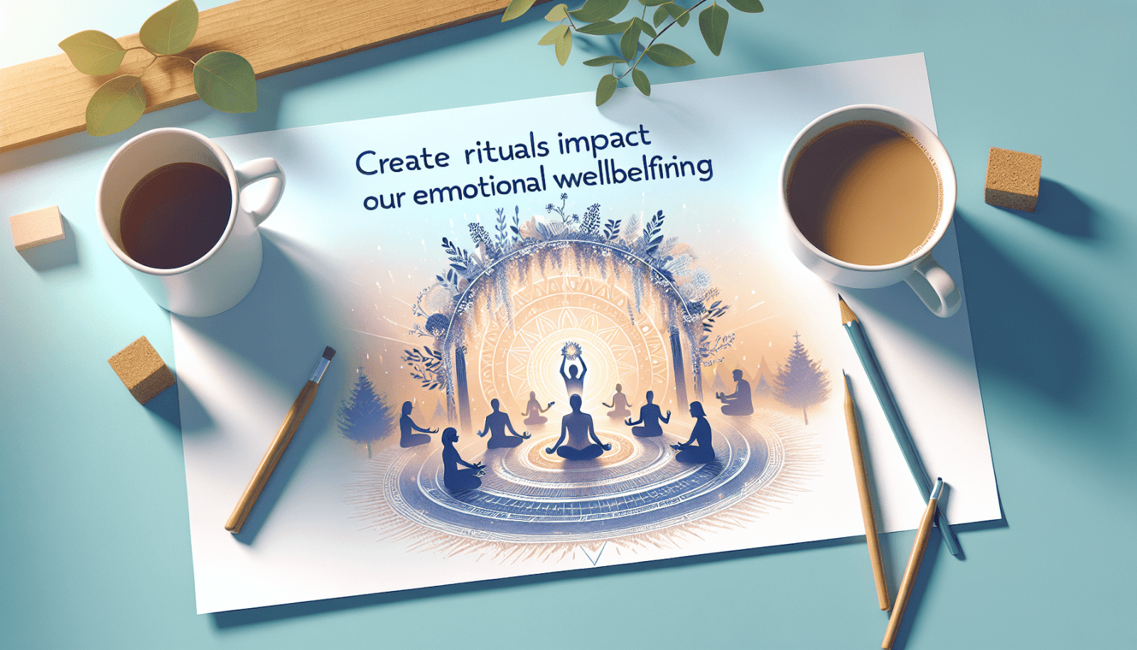 An artistic workplace setup with a poster reading "Create rituals impact our emotional wellbeing" featuring an illustration of people meditating around a mandala, flanked by a coffee cup, pencils, sugar cubes, and a plant on a wooden plank.