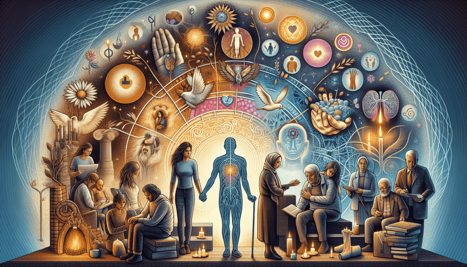 An intricate illustration combining themes of science, spirituality, and human connection, featuring a central human figure surrounded by symbols of various religions and scientific concepts, with vignettes of people engaged in study, contemplation, and caregiving at the periphery, all encompassed within a circular motif suggesting interconnectedness.