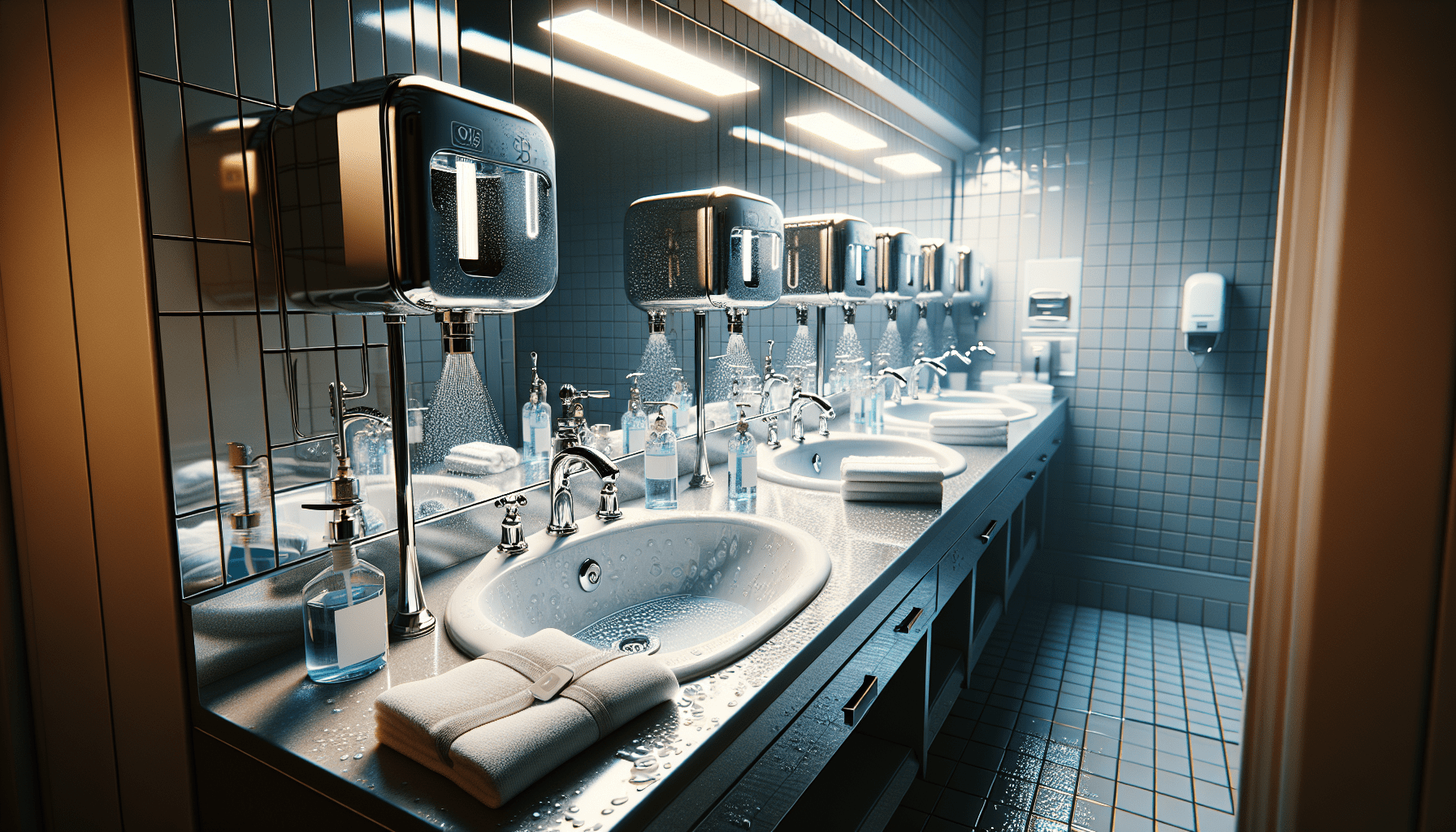 A modern public bathroom interior with multiple sinks, faucets, mirrors, and hand dryers, featuring blue tiled walls and sleek counter design under ambient lighting.