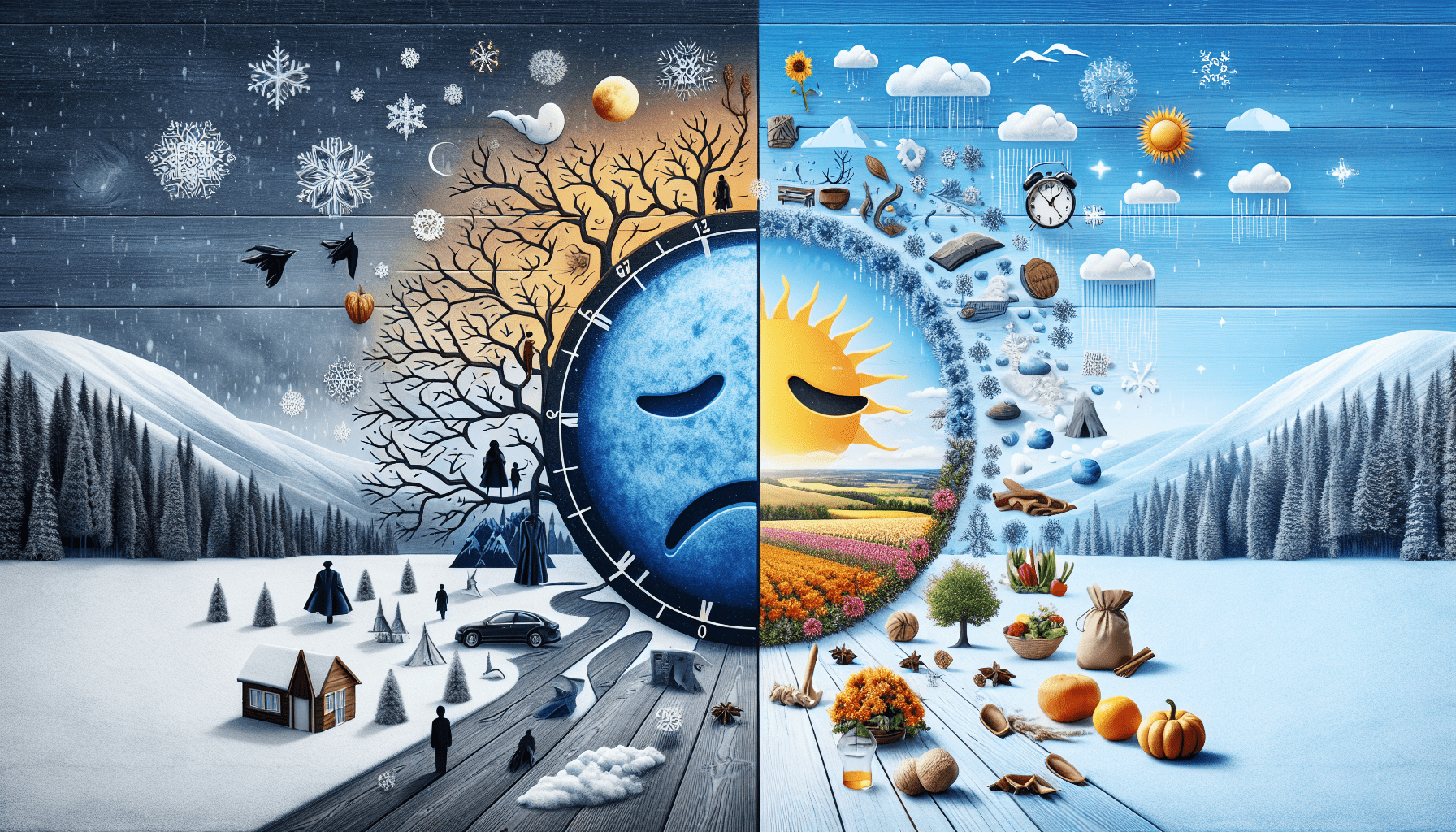 Digital illustration depicting a split scene: on the left, a wintry landscape with snow-covered trees and houses under a midnight blue sky featuring a large moon with facial features and a clock superimposed; on the right, a spring scene with a vibrant sun, flowering trees, and an agricultural landscape transitioning through various weather symbols and time elements like clocks and sun/cloud representations across a blue background.