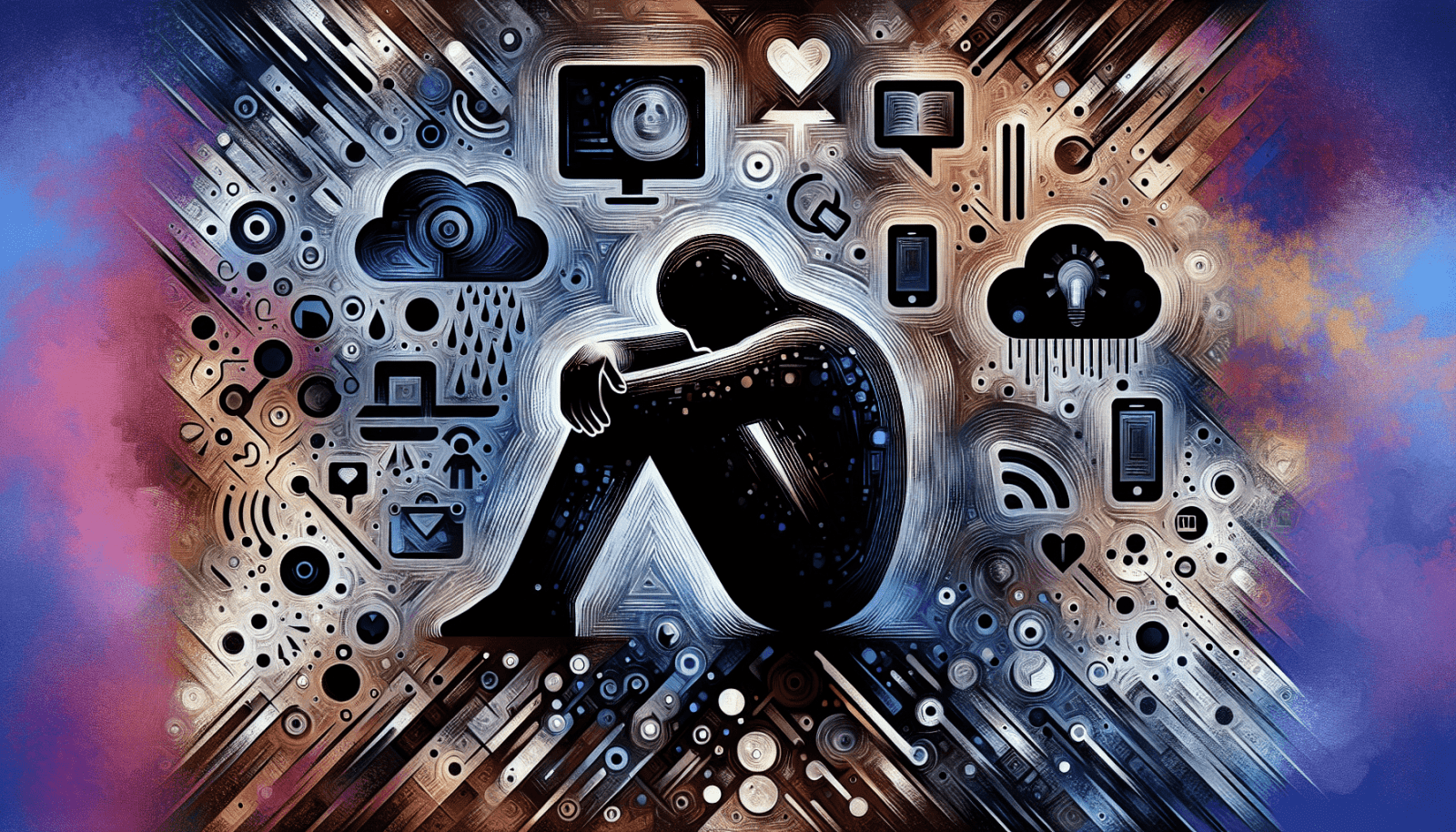 Digital artwork depicting a human silhouette sitting down with head resting on hand surrounded by an intricate array of tech and social media related symbols and icons integrated into a colorful abstract background.