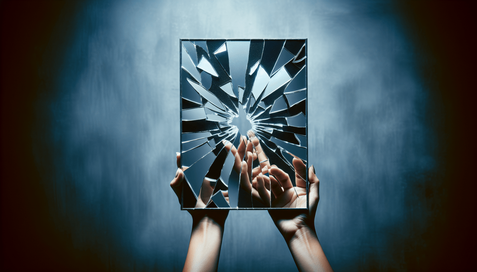 A pair of hands holding a square mirror with a shattered surface, creating a spiderweb effect, against a dark, misty blue background.