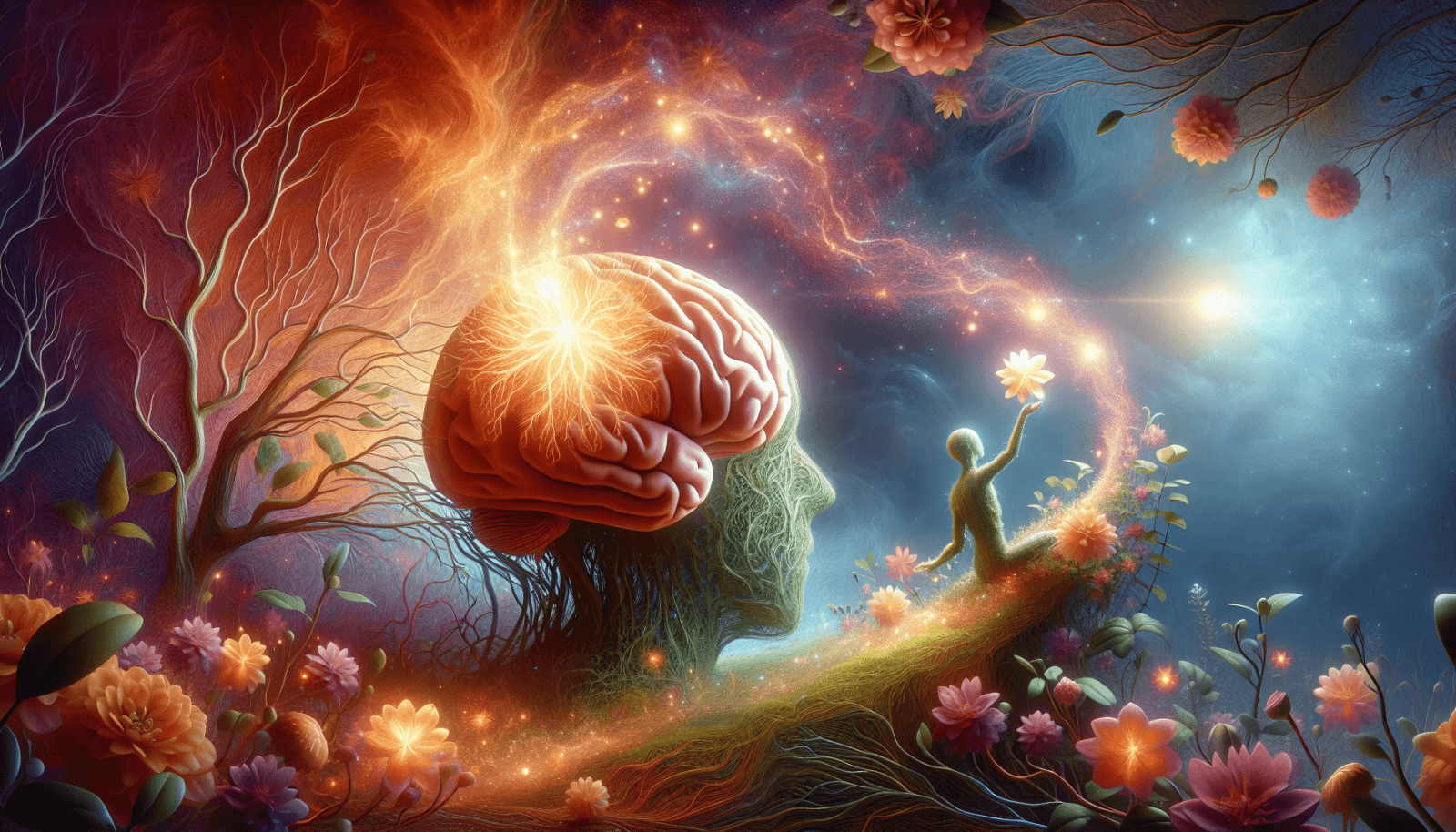 An artistic depiction of a human brain superimposed on a silhouette of a human head beside a tree, set against a cosmic background with a figure on a grassy path reaching toward a shining flower, all infused with vibrant colors and light.